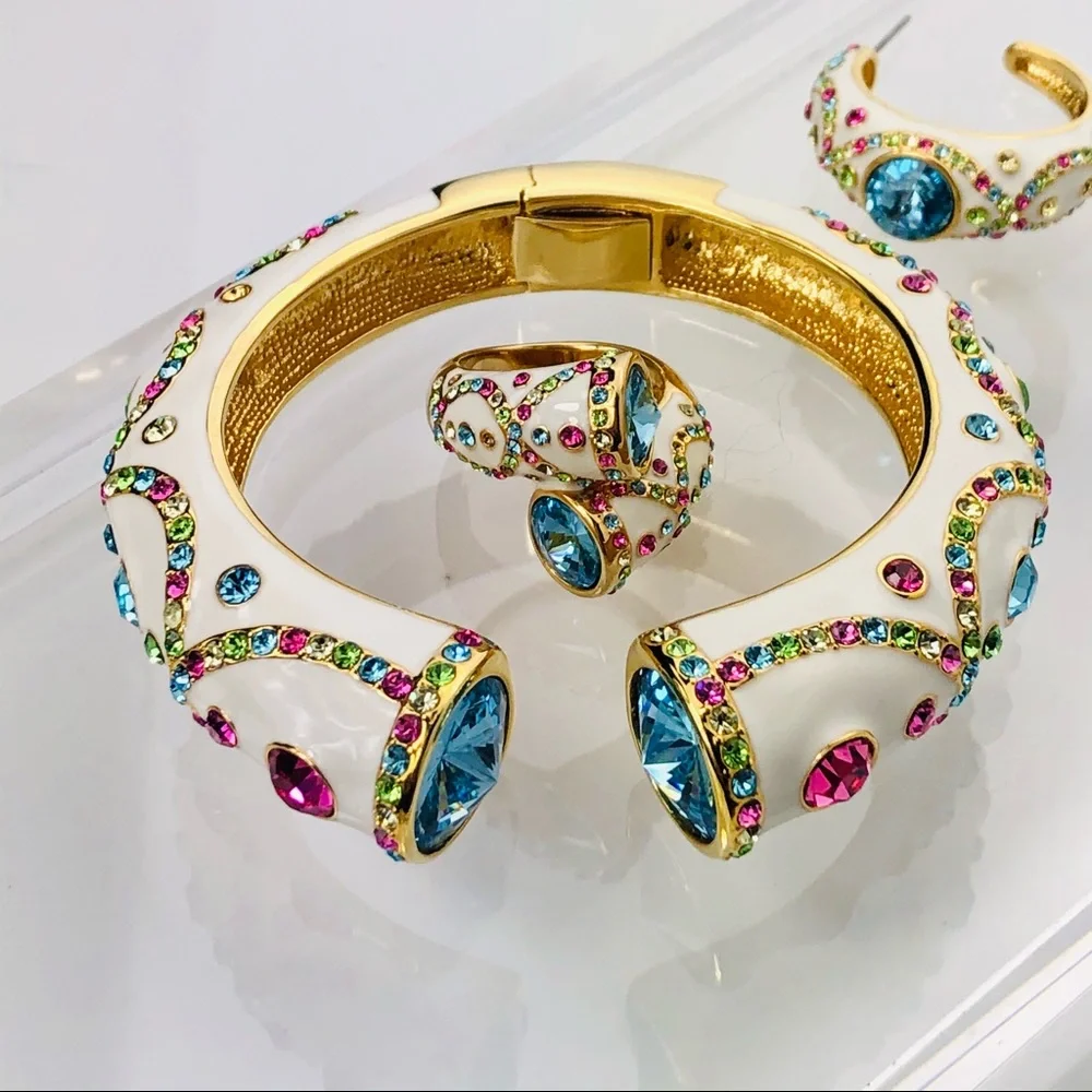 ROSS SIMONS SWAROVSKI CRYSTAL 18K GOLD OVER STERLING BRACELET EARRINGS RING - Picture 4 of 15